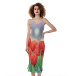 Red Tulip Print Slim Fit Midi Cami Dress