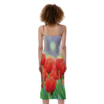 Red Tulip Print Slim Fit Midi Cami Dress