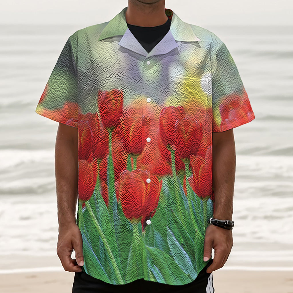 Red Tulip Print Textured Short Sleeve Shirt