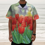 Red Tulip Print Textured Short Sleeve Shirt