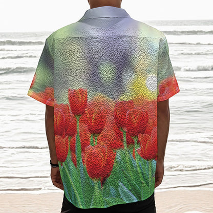 Red Tulip Print Textured Short Sleeve Shirt