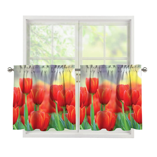 Red Tulip Print Tier Curtains