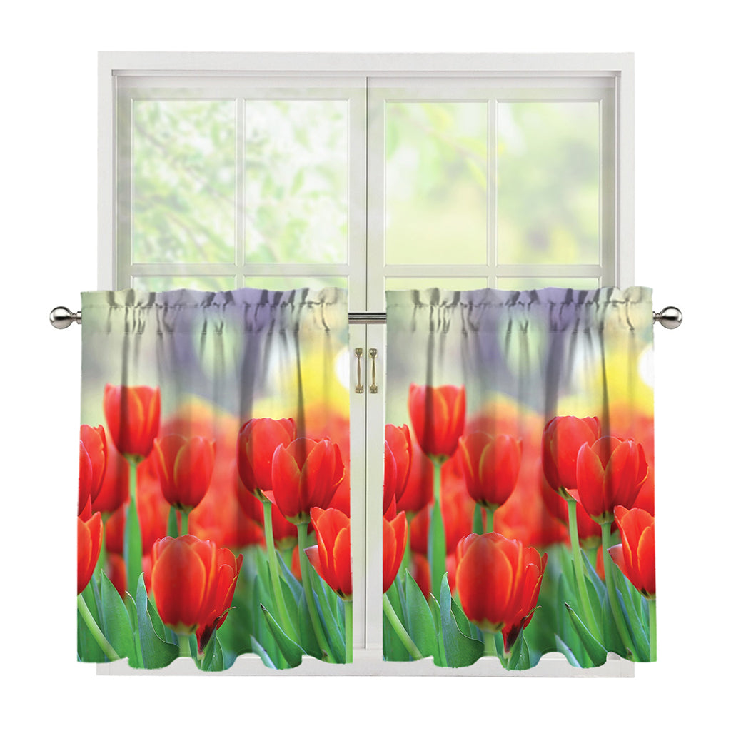 Red Tulip Print Tier Curtains