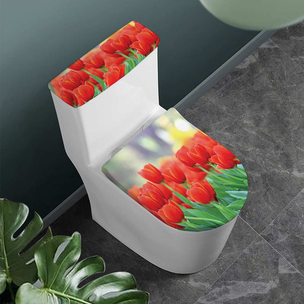 Red Tulip Print Toilet Lid And Tank Cover Set