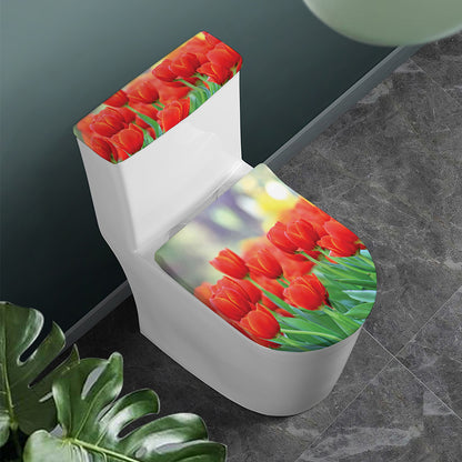 Red Tulip Print Toilet Lid And Tank Cover Set