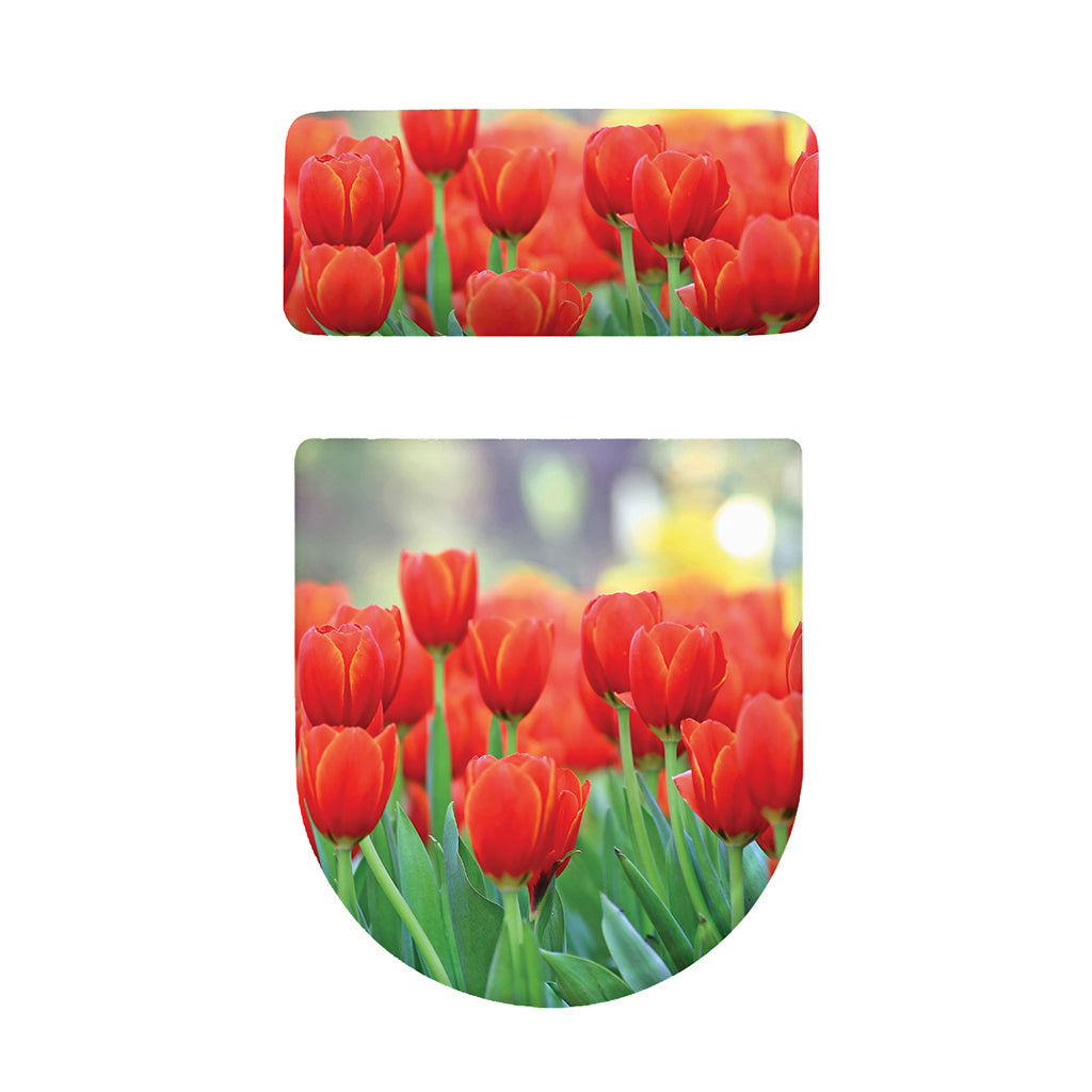 Red Tulip Print Toilet Lid And Tank Cover Set