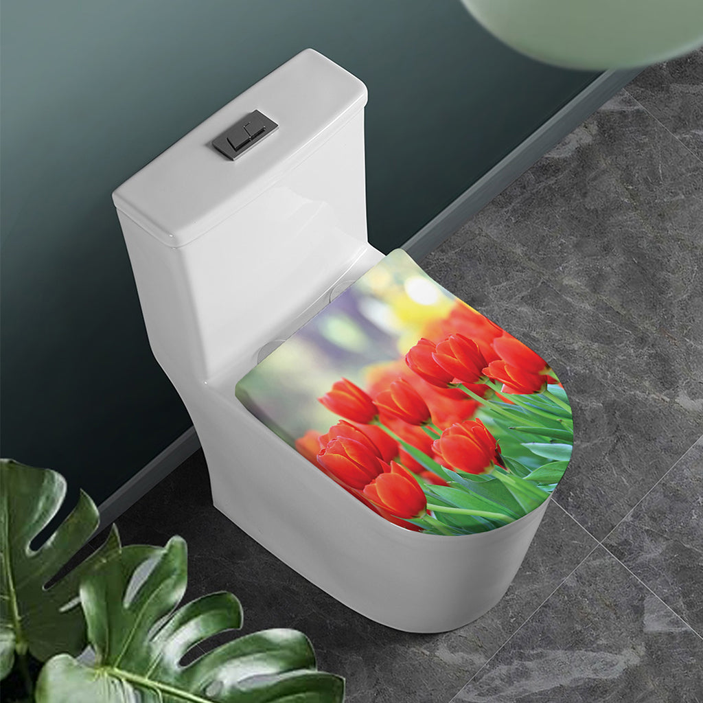 Red Tulip Print Toilet Lid Cover