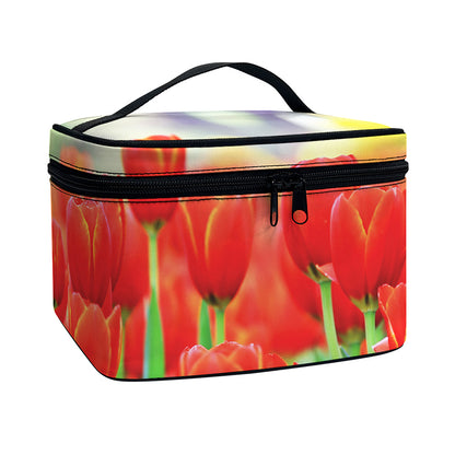 Red Tulip Print Travel Makeup Bag