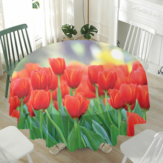 Red Tulip Print Waterproof Round Tablecloth