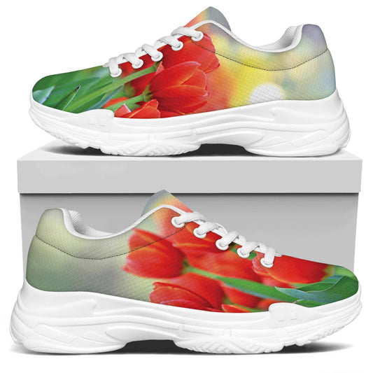 Red Tulip Print White Chunky Shoes