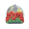 Red Tulip Print White Mesh Trucker Hat