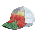 Red Tulip Print White Mesh Trucker Cap