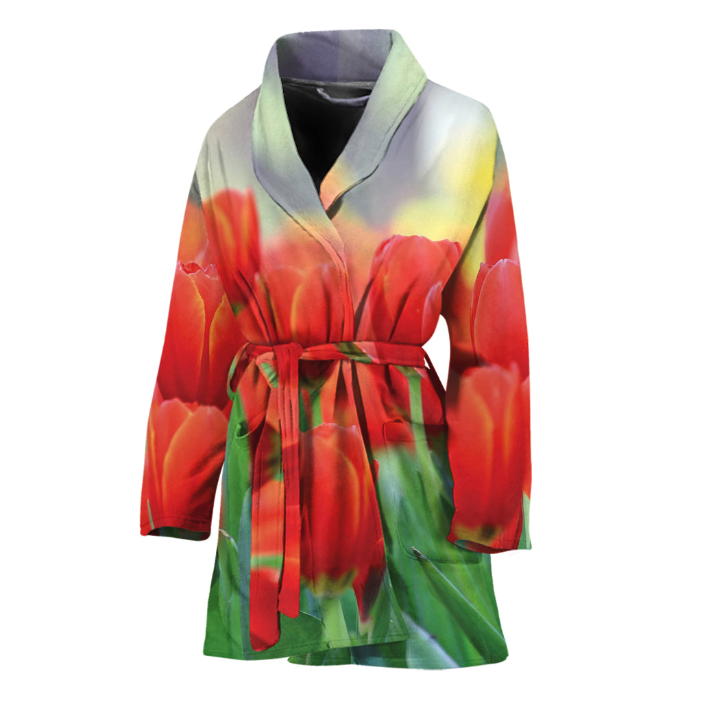 Red Tulip Print Women's Bathrobe