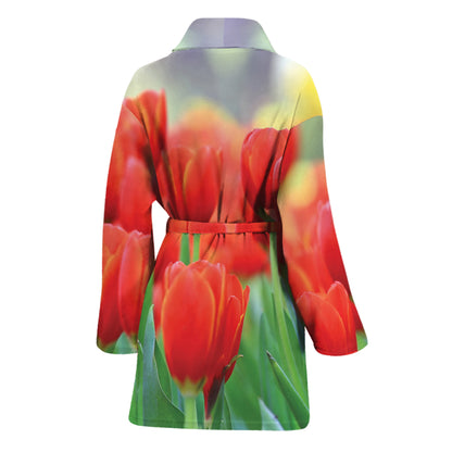 Red Tulip Print Women's Bathrobe