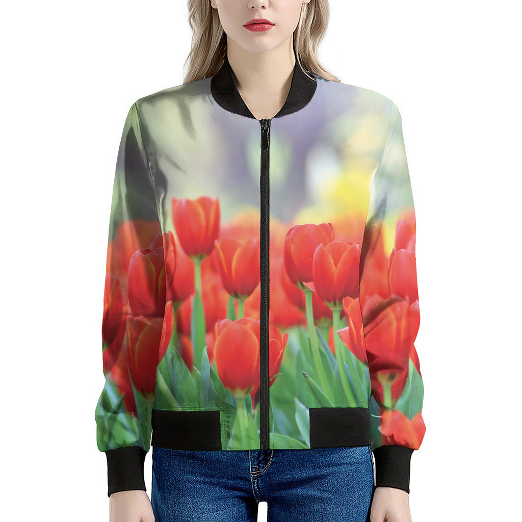 Red Tulip Print Women's Bomber Jacket
