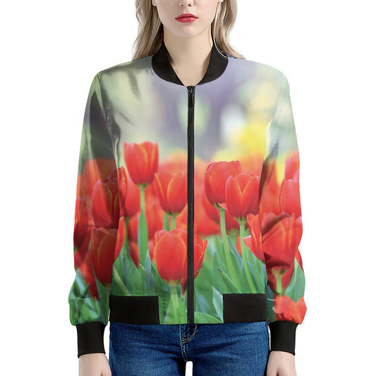 Red Tulip Print Women's Bomber Jacket