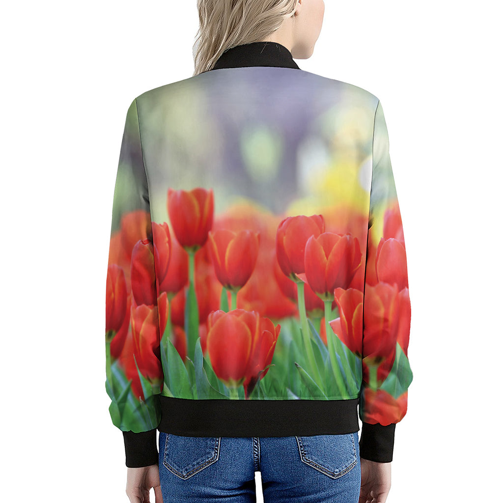 Red Tulip Print Women's Bomber Jacket
