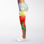 Red Tulip Print Women's Capri Leggings