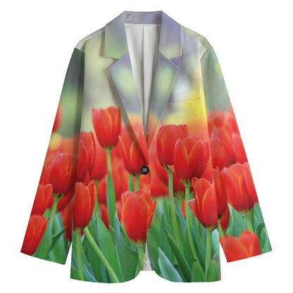 Red Tulip Print Women's Cotton Blazer