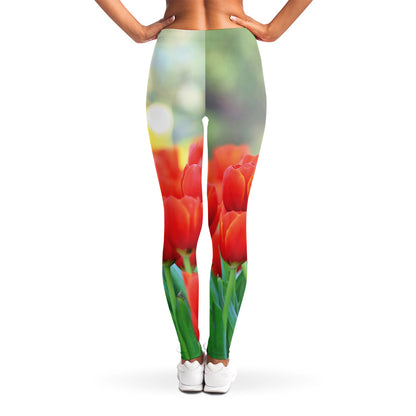 Red Tulip Print Women's Leggings