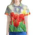 Red Tulip Print Women's Polo Shirt