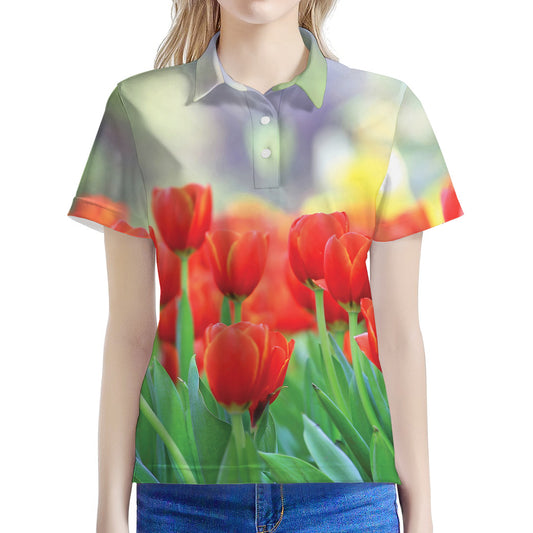 Red Tulip Print Women's Polo Shirt