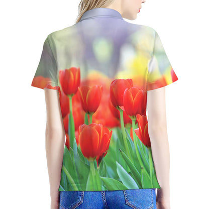 Red Tulip Print Women's Polo Shirt