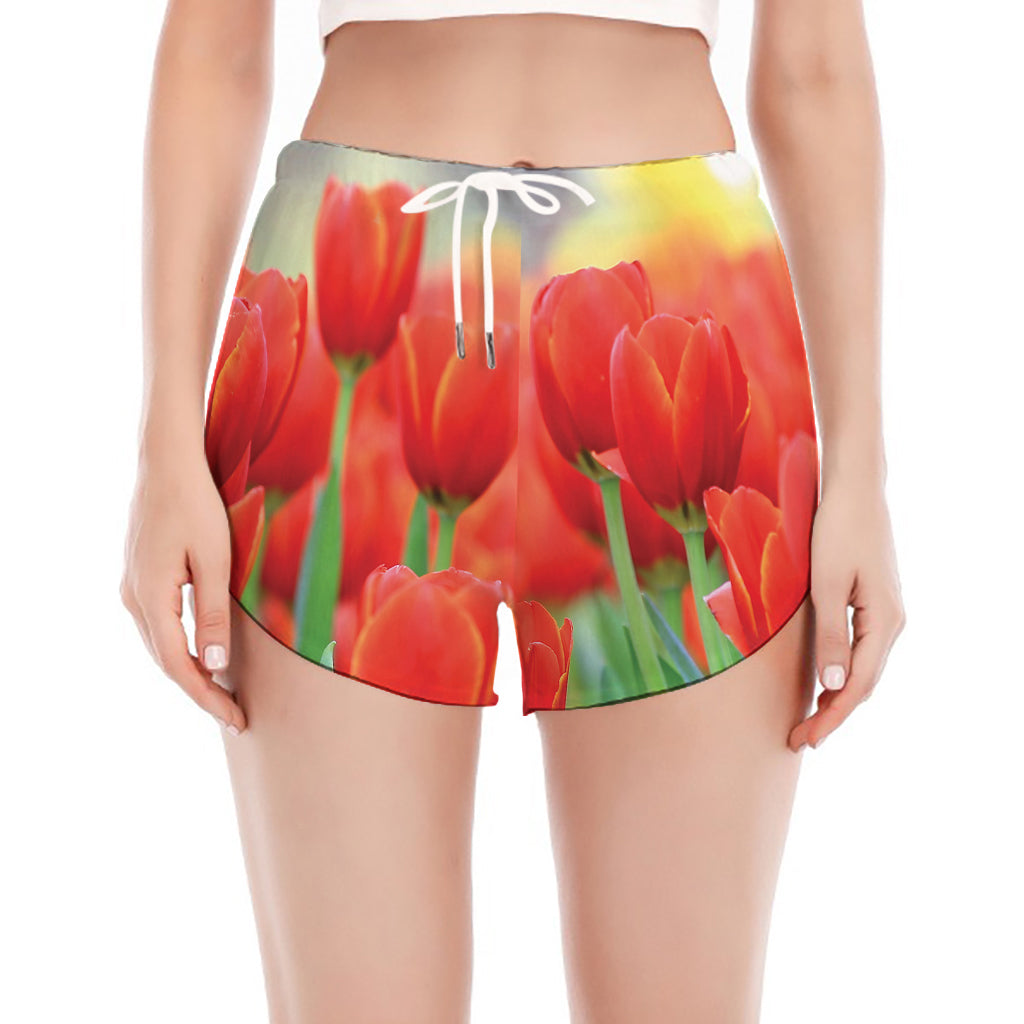 Red Tulip Print Women's Split Running Shorts