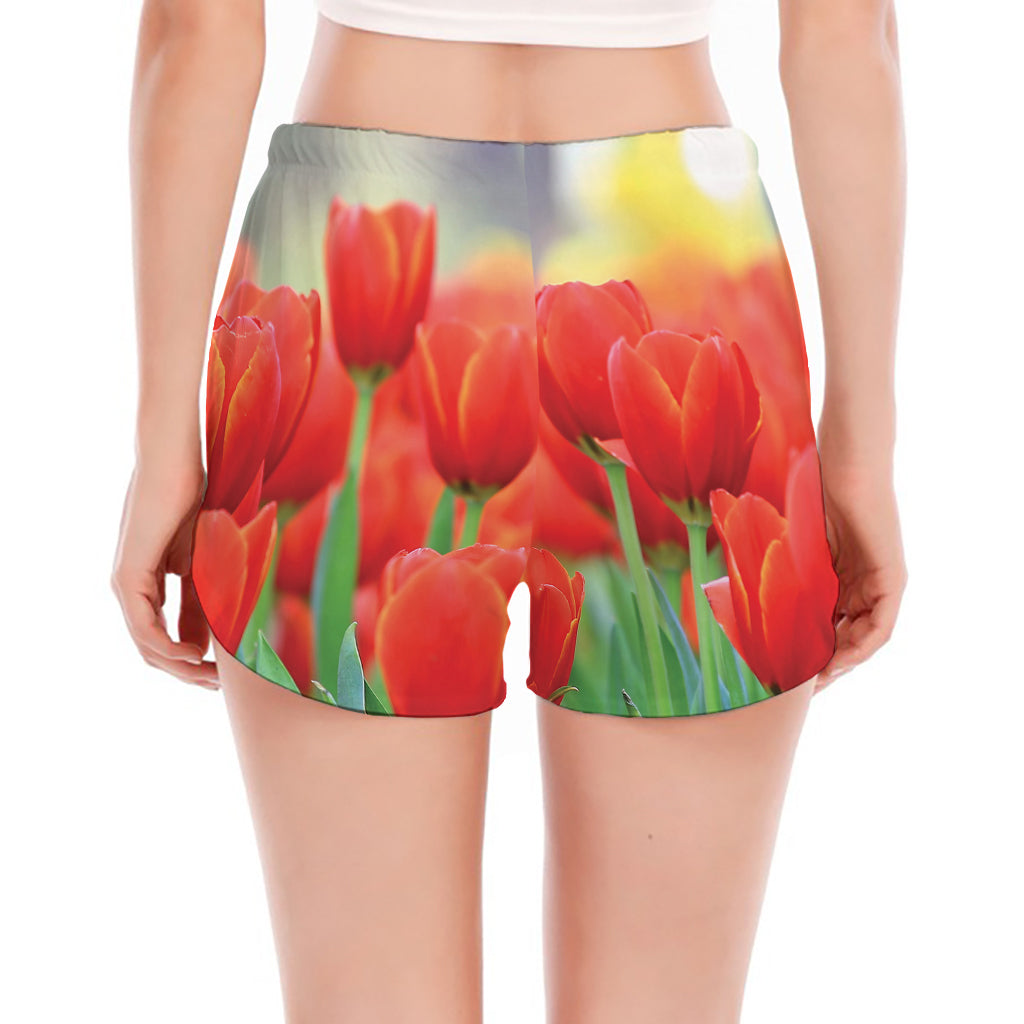 Red Tulip Print Women's Split Running Shorts