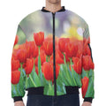 Red Tulip Print Zip Sleeve Bomber Jacket