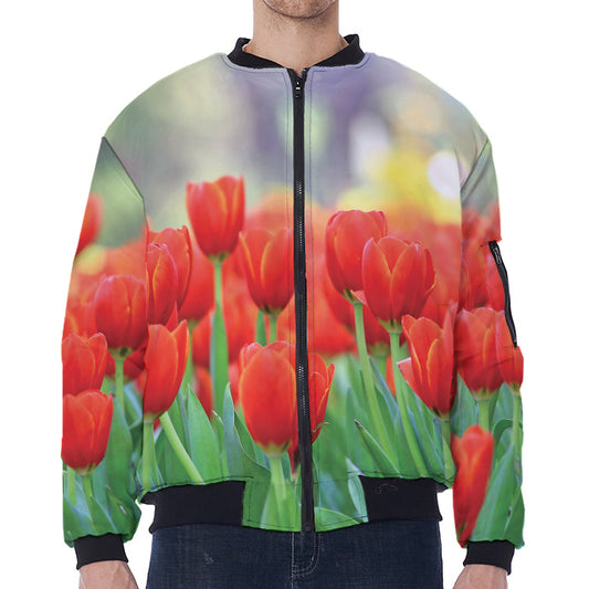 Red Tulip Print Zip Sleeve Bomber Jacket