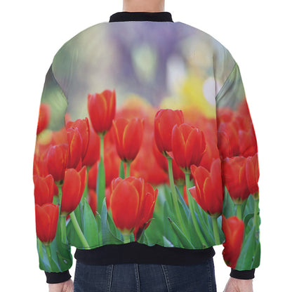 Red Tulip Print Zip Sleeve Bomber Jacket