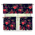 Red Violet Roses Floral Pattern Print 3 Piece Kitchen Curtains
