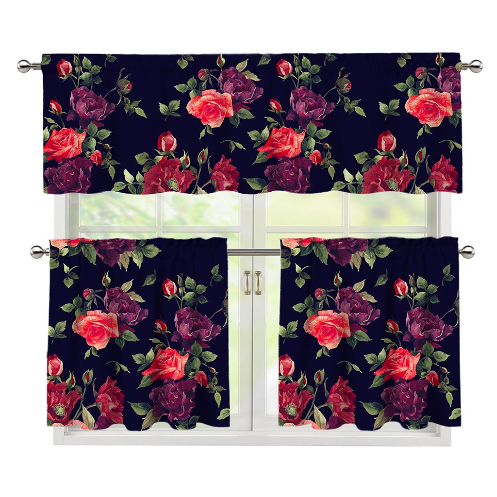 Red Violet Roses Floral Pattern Print 3 Piece Kitchen Curtains
