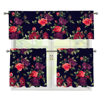 Red Violet Roses Floral Pattern Print 3 Piece Kitchen Curtains