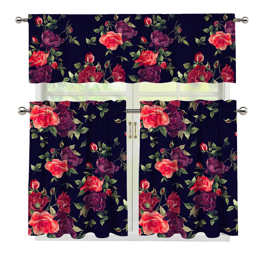 Red Violet Roses Floral Pattern Print 3 Piece Kitchen Curtains