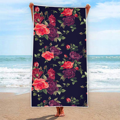 Red Violet Roses Floral Pattern Print Beach Towel