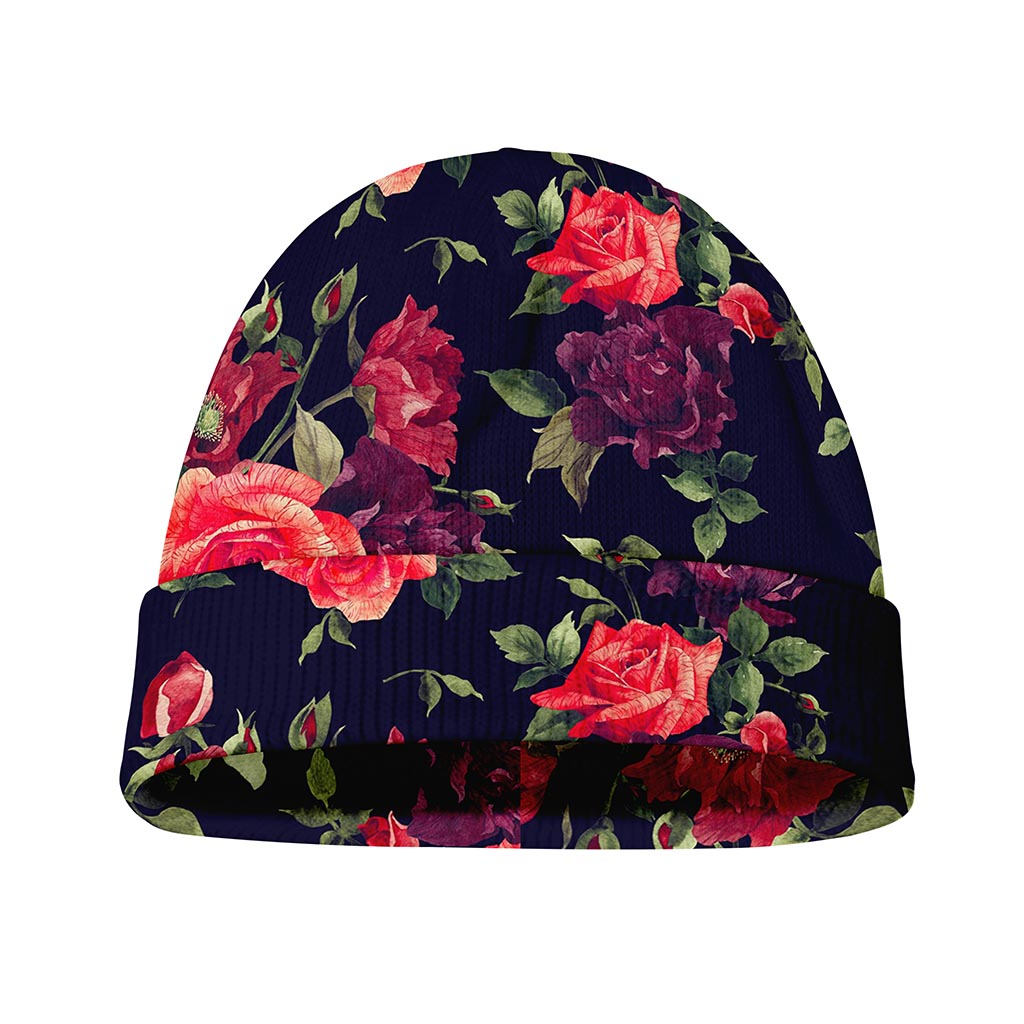 Red Violet Roses Floral Pattern Print Beanie
