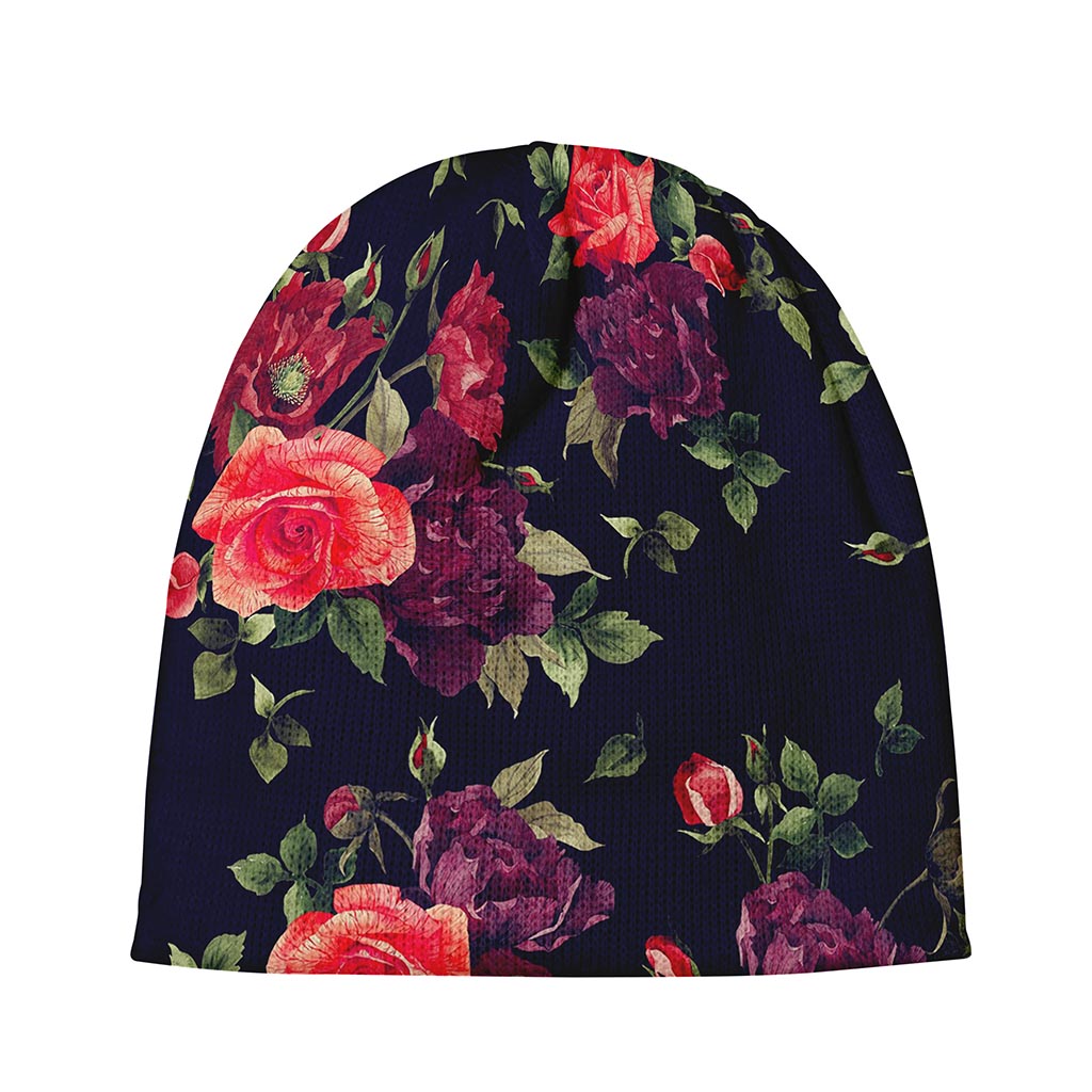Red Violet Roses Floral Pattern Print Beanie