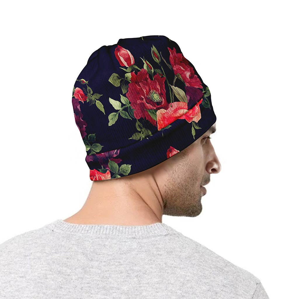 Red Violet Roses Floral Pattern Print Beanie