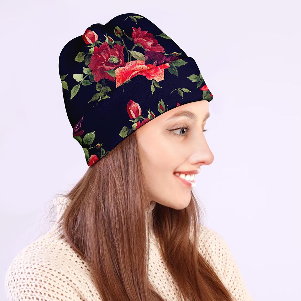 Red Violet Roses Floral Pattern Print Beanie
