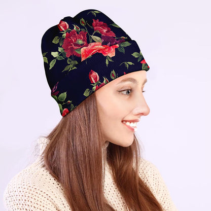 Red Violet Roses Floral Pattern Print Beanie