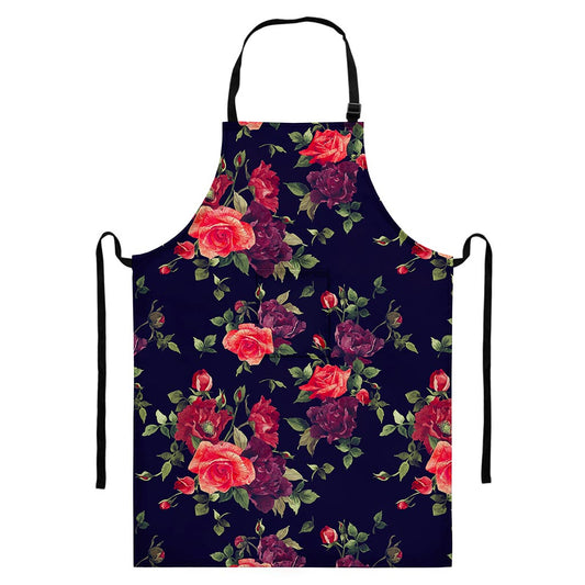 Red Violet Roses Floral Pattern Print Bib Apron With Pocket
