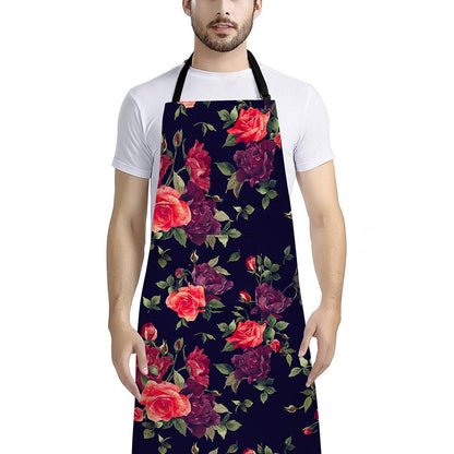 Red Violet Roses Floral Pattern Print Bib Apron With Pocket