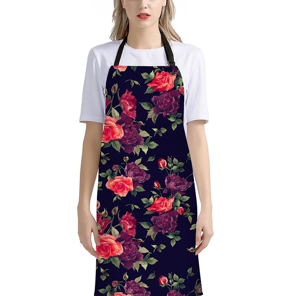 Red Violet Roses Floral Pattern Print Bib Apron With Pocket