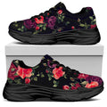 Red Violet Roses Floral Pattern Print Black Chunky Shoes