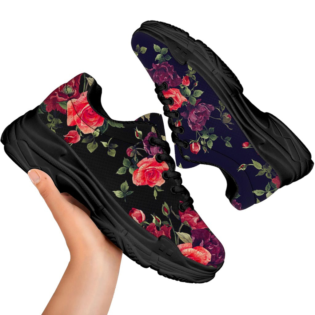 Red Violet Roses Floral Pattern Print Black Chunky Shoes