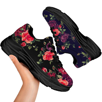 Red Violet Roses Floral Pattern Print Black Chunky Shoes