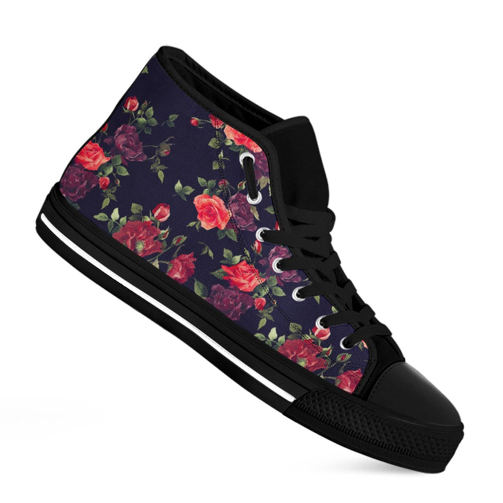 Red Violet Roses Floral Pattern Print Black High Top Sneakers