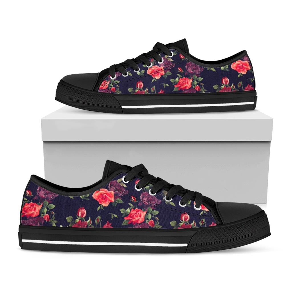 Red Violet Roses Floral Pattern Print Black Low Top Sneakers